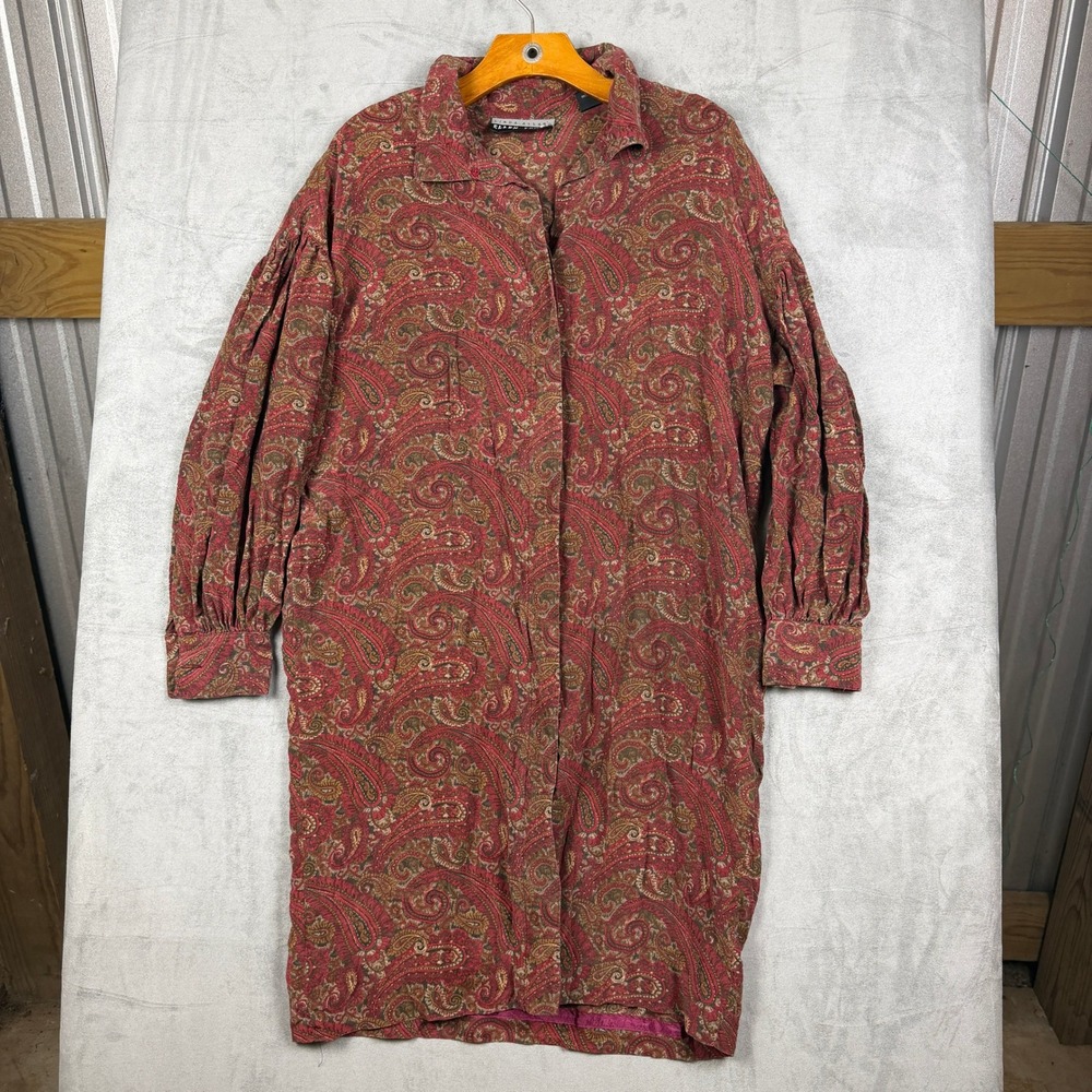 Linda Allard Ellen Tracy Red Paisley 100% Silk‎ Shirt Dress Womens Size 12 Midi